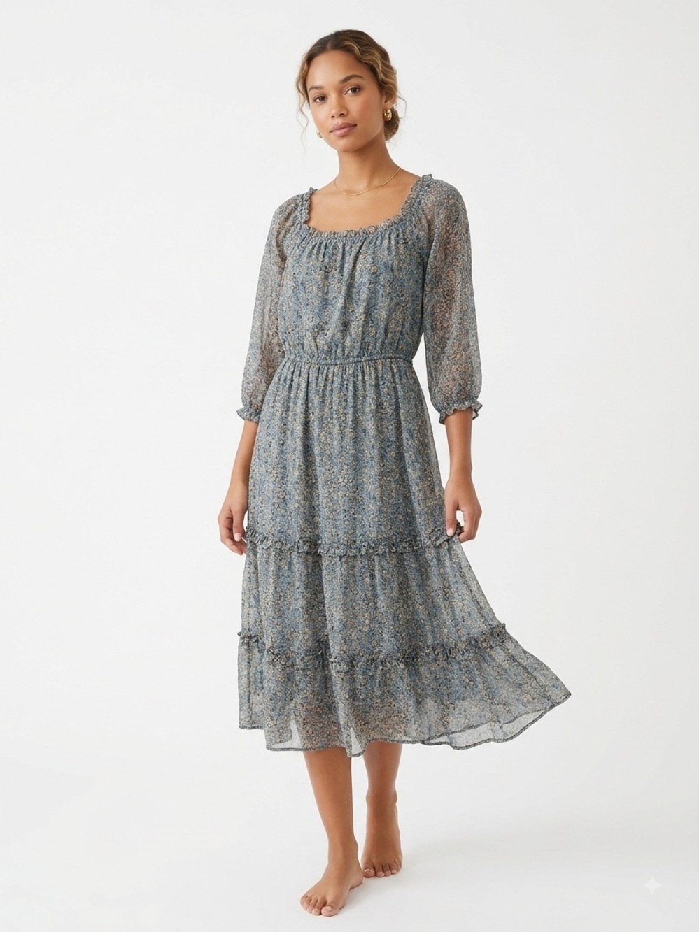 Anthropologie Blue Floral Smocked Chiffon Tiered Midi Dress Size 6